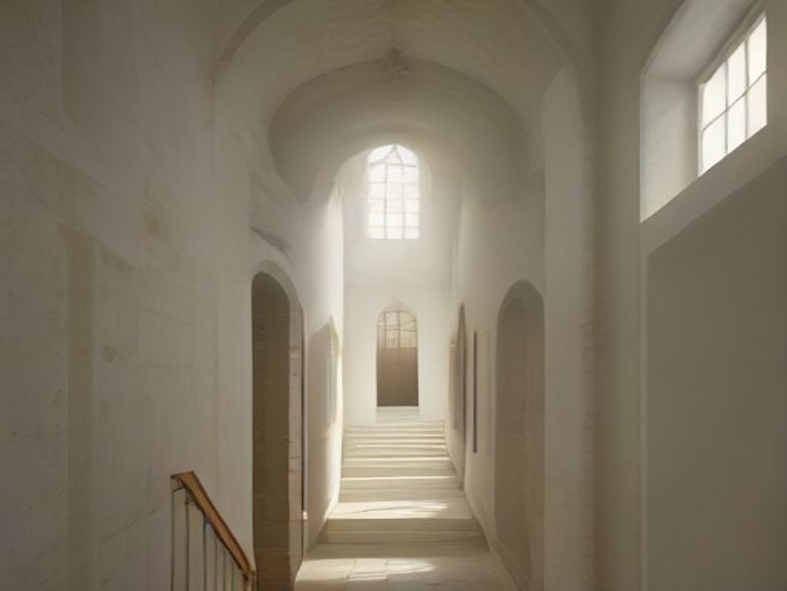 Interior da Casa no Príncipe Real, com paredes de pedra caiada e núcleo novo em madeira sob a claraboia central