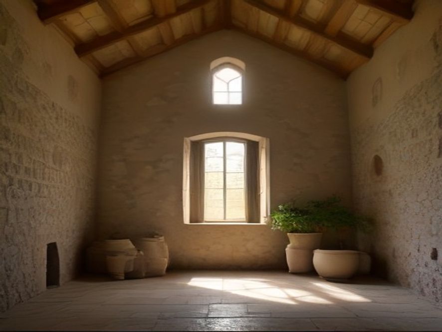 Interior de um dos volumes restaurados da Quinta do Vale de Milhaços, com paredes de pedra e cobertura de madeira
